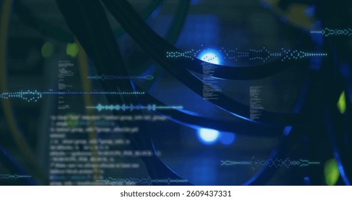 Image of data processing over close up of computer cables. digital interface, global technology, connection and communication concept digitally generated image.