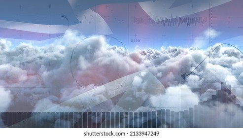 Image of data processing over clouds and flag of uk. global business, finances, connections and digital interface concept digitally generated image.