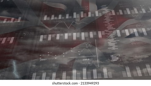 Image of data processing over clouds and flag of uk. global business, finances, connections and digital interface concept digitally generated image. - Powered by Shutterstock - Get 15% off with code: PIKWIZARD15