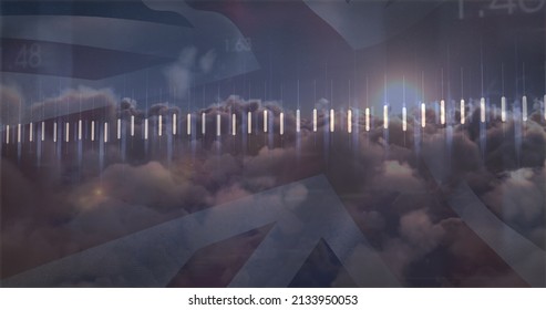 Image of data processing over clouds and flag of uk. global business, finances, connections and digital interface concept digitally generated image.