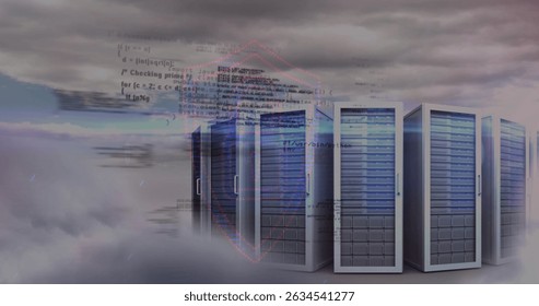 Image of data processing over clouds and servers. Network, connections, communication, data processing and technology concept digitally generated image.