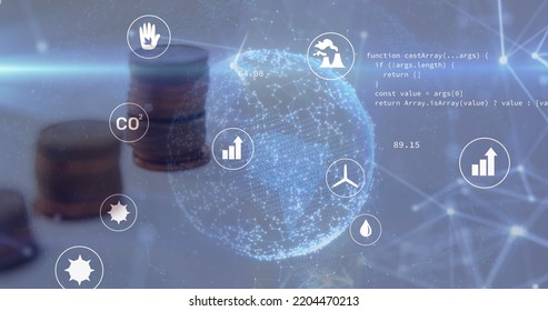Image of data processing over coins and ecology icons. Global business, finances and digital interface concept digitally generated image. - Powered by Shutterstock - Get 15% off with code: PIKWIZARD15