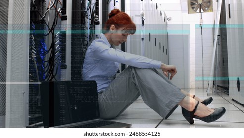 Image of data processing over computer servers and tired caucasian female it engineer. global internet security, data processing and digital interface concept digitally generated image. - Powered by Shutterstock