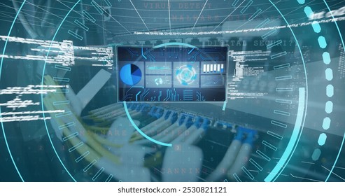 Image of data processing over computer wires. network, communication, data processing and technology concept digitally generated image.