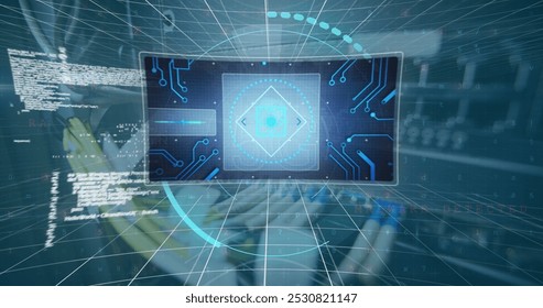Image of data processing over computer wires. network, communication, data processing and technology concept digitally generated image.