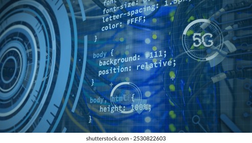 Image of data processing over computer wires. network, communication, data processing and technology concept digitally generated image.