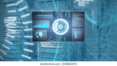 Image of data processing over computer wires. network, communication, data processing and technology concept digitally generated image.