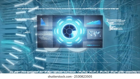 Image of data processing over computer wires. network, communication, data processing and technology concept digitally generated image.