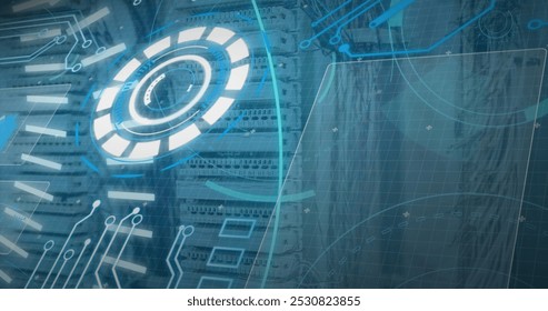 Image of data processing over computer wires. network, communication, data processing and technology concept digitally generated image.