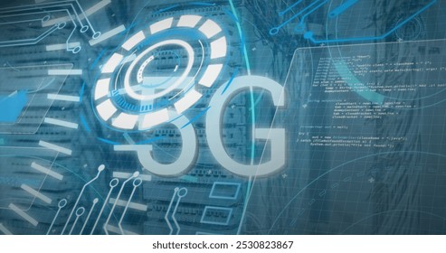 Image of data processing over computer wires. network, communication, data processing and technology concept digitally generated image.