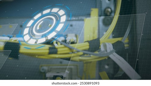 Image of data processing over computer wires. computers, network, data processing, technology and digital interface concept digitally generated image.