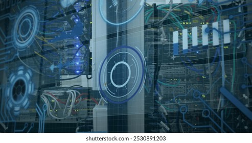 Image of data processing over computer wires. computers, network, data processing, technology and digital interface concept digitally generated image. .