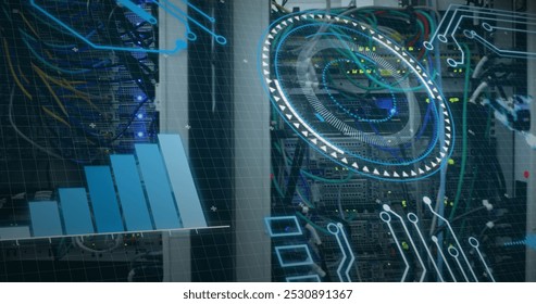 Image of data processing over computer wires. computers, network, data processing, technology and digital interface concept digitally generated image.