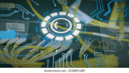 Image of data processing over computer wires. computers, network, data processing, technology and digital interface concept digitally generated image.