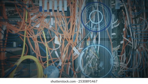 Image of data processing over computer wires. computers, network, data processing, technology and digital interface concept digitally generated image.