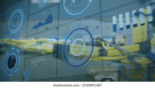 Image of data processing over computer wires. computers, network, data processing, technology and digital interface concept digitally generated image.