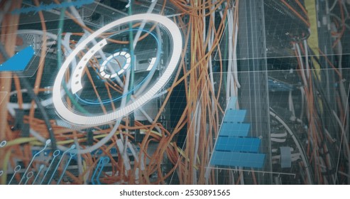 Image of data processing over computer wires. computers, network, data processing, technology and digital interface concept digitally generated image.