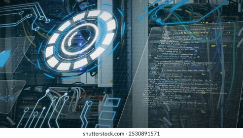 Image of data processing over computer wires. computers, network, data processing, technology and digital interface concept digitally generated image.