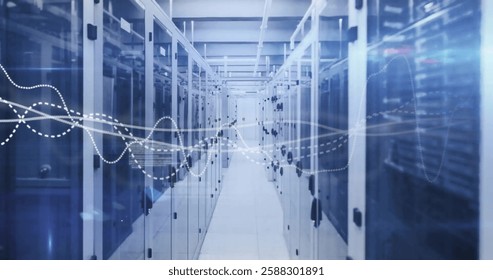 Image of data processing over computer servers. Global online security, business, finances, computing and data processing concept digitally generated image.