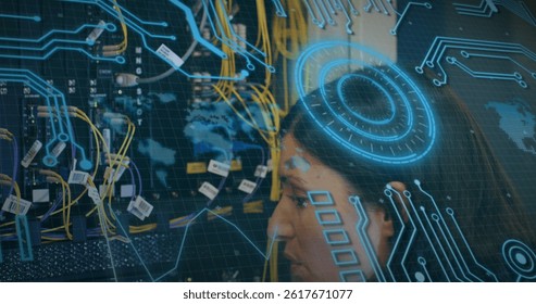 Image of data processing over computer wires. computers, network, data processing, technology and digital interface concept digitally generated image.