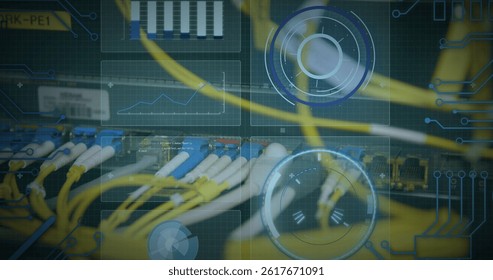 Image of data processing over computer wires. computers, network, data processing, technology and digital interface concept digitally generated image.