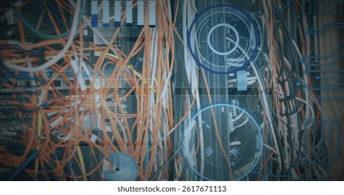 Image of data processing over computer wires. computers, network, data processing, technology and digital interface concept digitally generated image.
