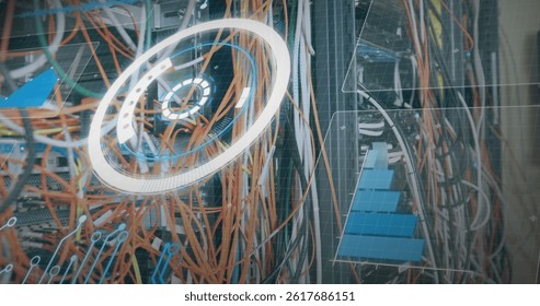 Image of data processing over computer wires. image of data processing over caucasian woman checking computer wires.