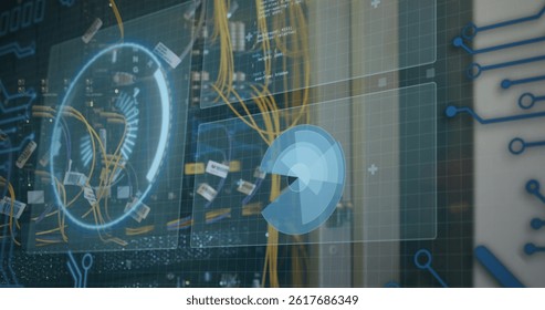 Image of data processing over computer wires. image of data processing over caucasian woman checking computer wires.