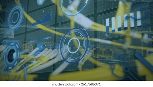 Image of data processing over computer wires. image of data processing over caucasian woman checking computer wires.
