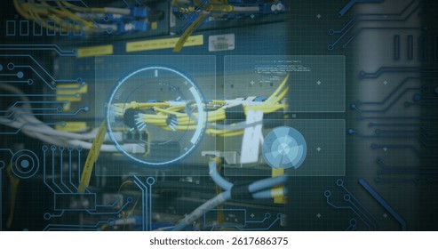 Image of data processing over computer wires. image of data processing over caucasian woman checking computer wires.