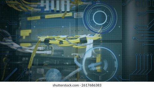 Image of data processing over computer wires. image of data processing over caucasian woman checking computer wires.