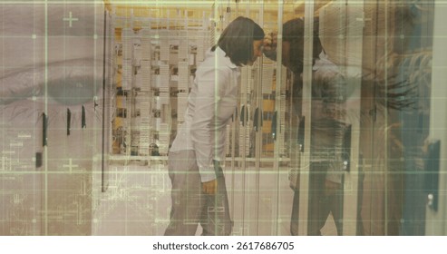 Image of data processing over computer servers and tired caucasian female it engineer. global internet security, data processing and digital interface concept digitally generated image.
