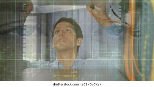 Image of data processing over computer servers and caucasian male it engineer. global internet security, data processing and digital interface concept digitally generated image.