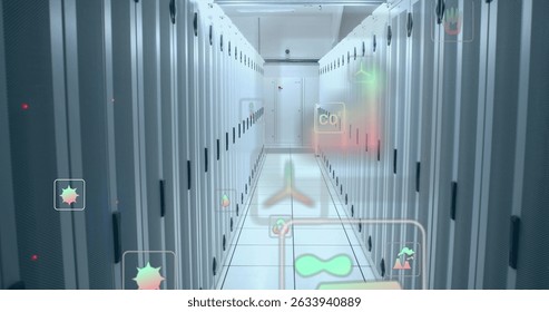 Image of data processing over computer servers. Global network social media connections technology and digital interface concept digitally generated image.