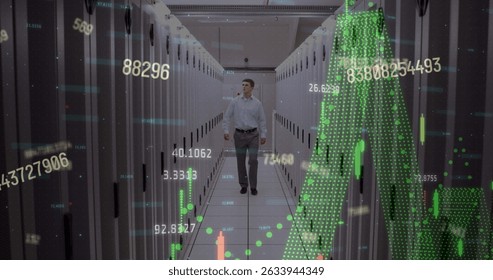 Image of data processing over computer servers. Global business finances connections and digital interface concept digitally generated image.