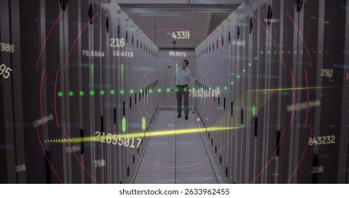 Image of data processing over computer servers. Global business finances connections and digital interface concept digitally generated image.