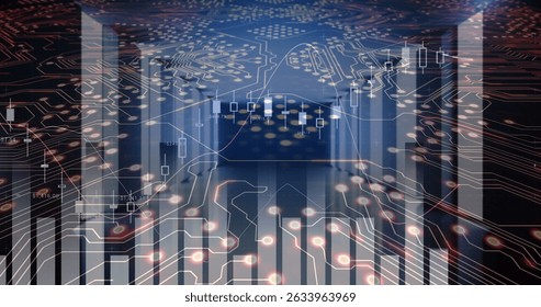 Image of data processing over computer circuit board. Global data processing, connections and cloud computing concept digitally generated image.