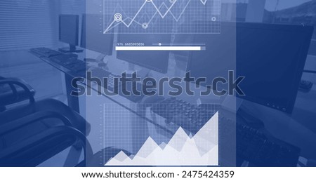 Image of data processing over computers in office, copy space. Global sports, competition, business, finance, digital interface, computing and data processing concept digitally generated image