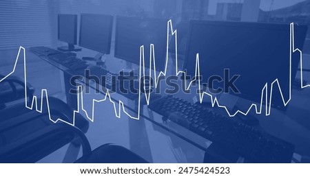 Image of data processing over computers in office, copy space. Global sports, competition, business, finance, digital interface, computing and data processing concept digitally generated image