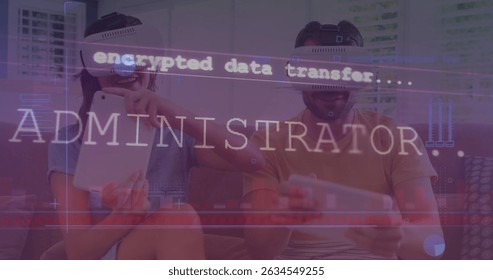 Image of data processing over cuple using vr headsets. Global business, finances, data processing and digital interface concept digitally generated image.