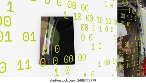 Image of data processing over delivery man next to a car. Global business, finances, connections, technology, data processing and digital interface concept digitally generated image. - Powered by Shutterstock - Get 15% off with code: PIKWIZARD15