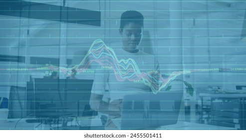 Image of data processing over digital chain. global finance business and digital interface concept digitally generated image.