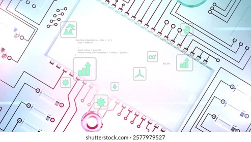 Image of data processing over digital icons and circuit board. Global connections, computing and data processing concept digitally generated image.