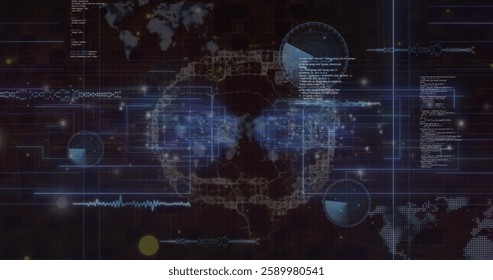 Image of data processing over digital brain on black background. Global technology, computing and digital interface concept digitally generated image.