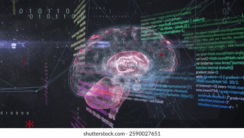 Image of data processing over digital brain and network of connections on black background. Global technology, computing and digital interface concept digitally generated image.