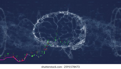 Image of data processing over digital brain on black background. Global technology, computing and digital interface concept digitally generated image.