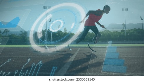 Image of data processing over disabled african american male runner. Global sport and digital interface concept digitally generated image. - Powered by Shutterstock