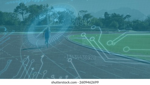 Image of data processing over disabled male athlete with running blades on racing track. global sports, disability and technology concept digitally generated image. - Powered by Shutterstock - Get 15% off with code: PIKWIZARD15