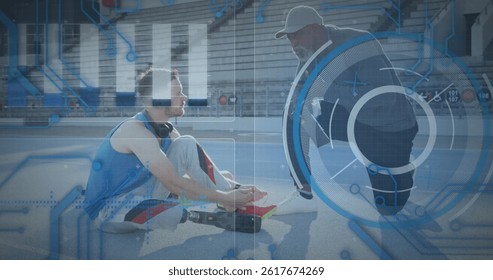 Image of data processing over disabled caucasian sportsman with coach. global sport and digital interface concept digitally generated image.