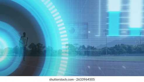 Image of data processing over disabled african american male runner. Global sport and digital interface concept digitally generated image.